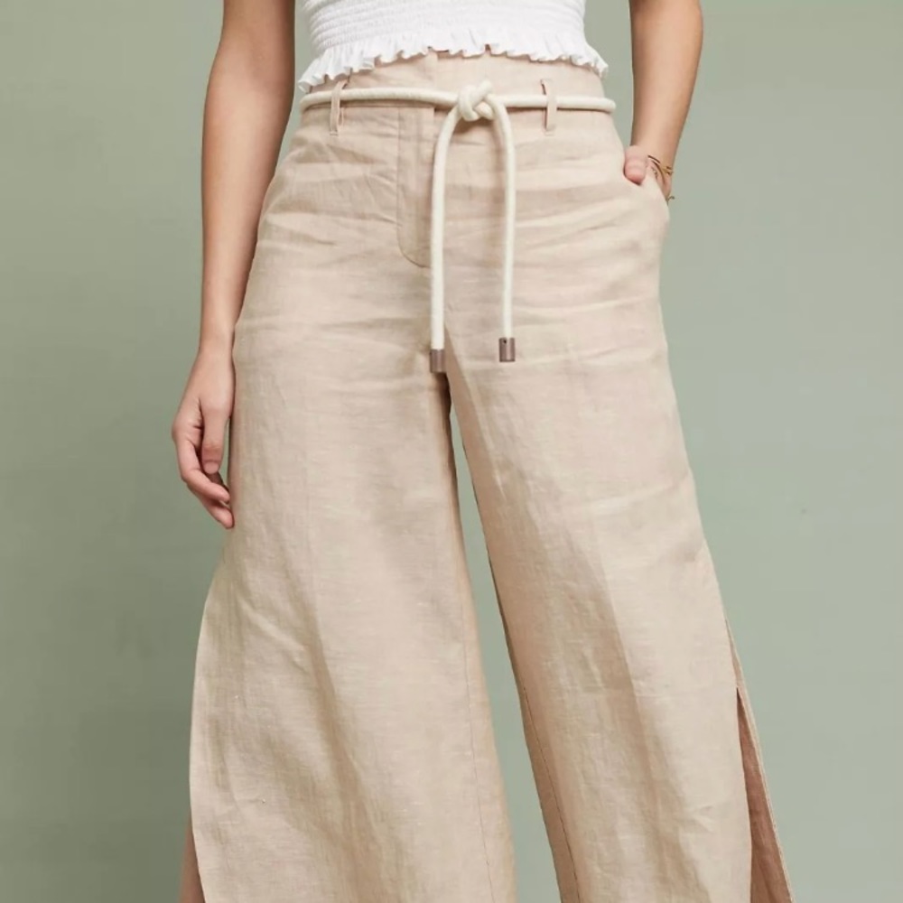 Anthropologie Elevenses Linen Wide-leg Slit Pants